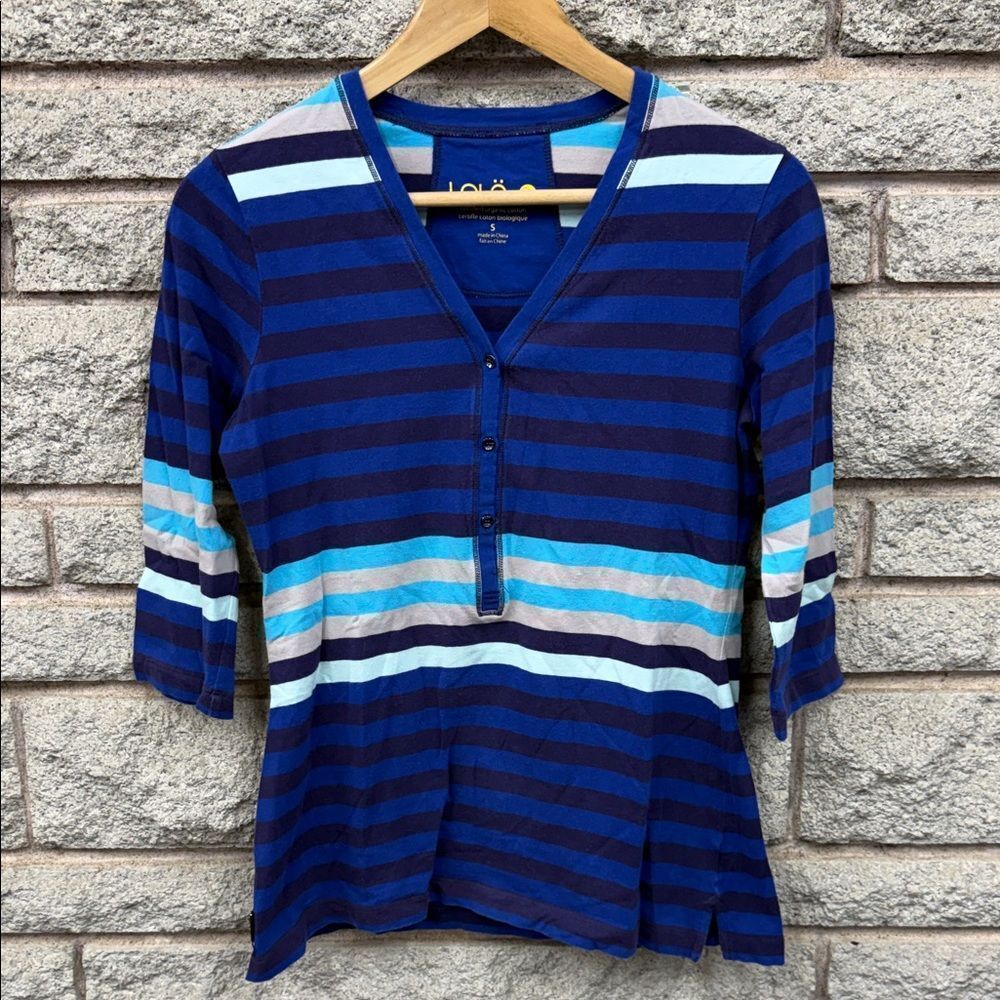 Lole Women's Blue and Aqua Striped Button Down Shirt